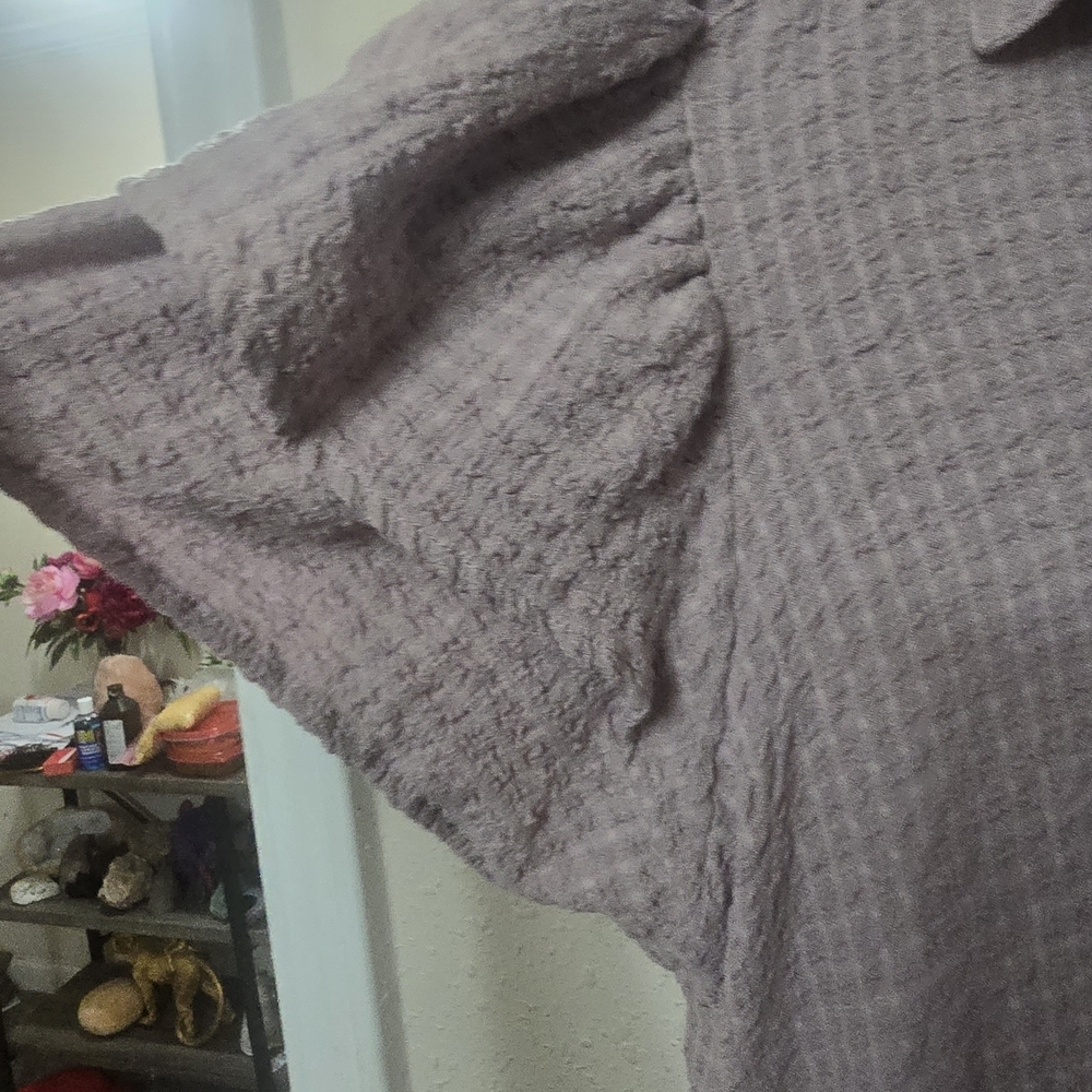 Button-Front Lavender Ruffle Sleeve Women's Top - Picture 3 of 4